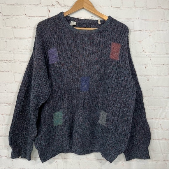 Vintage Italian Wool Sweater Mens Medium Blue Patchwork Cable Knit 90s - Picture 1 of 13